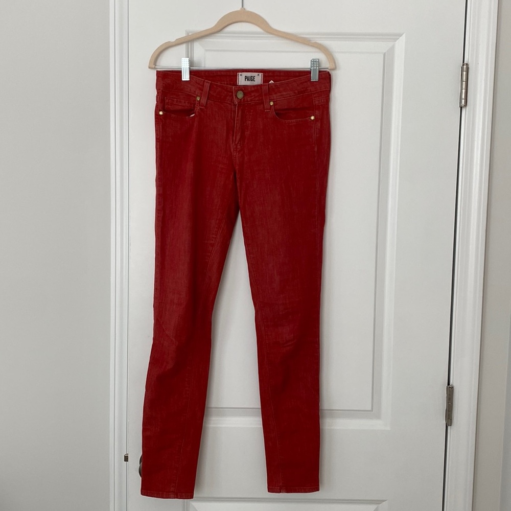 Paige Faded Red Low Rise Skinny Jeans